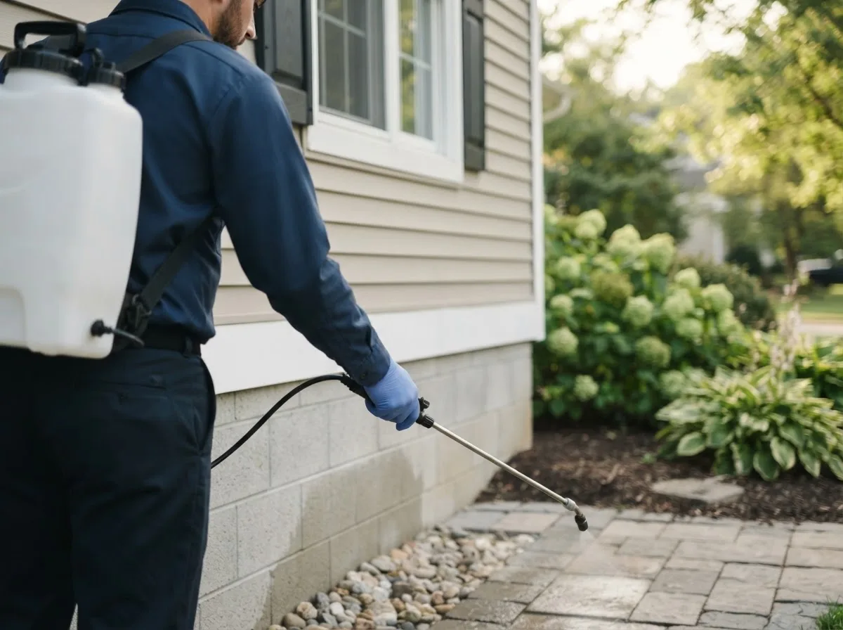 Pest control technician inspecting a home in Stinnett, TX